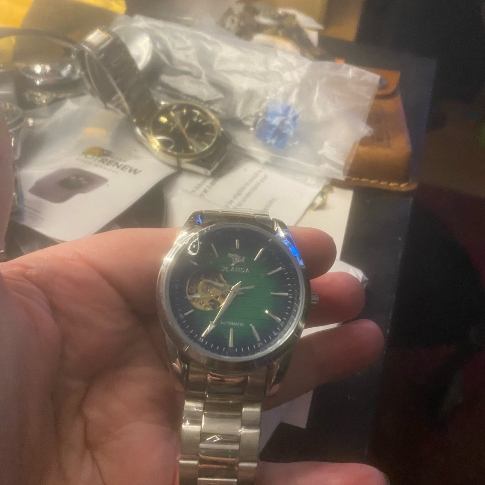 New Stainless Steel Watch with Green  Face Sunburst Dial